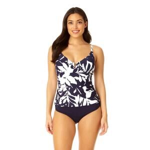 Anne Cole V-Wire Navy White Tropical Palm Print Tankini Swim Top 36DD/38D